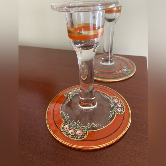 Vintage Set of 2 Candlesticks Clear w/ Hand painted Orange, Gold & Flowers - Picture 3 of 16